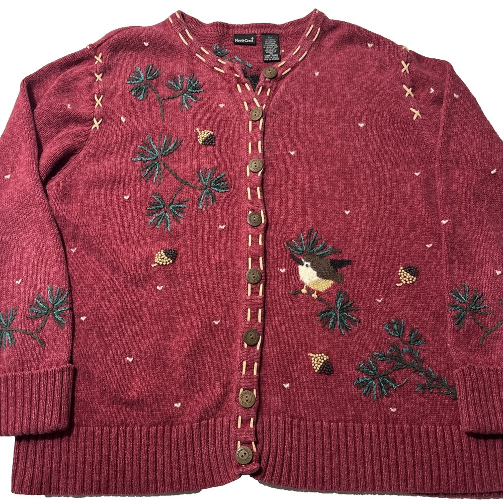 NorthCrest Embroidered Bird Acorn Cardigan Sweater Burgundy Plus Size 2X